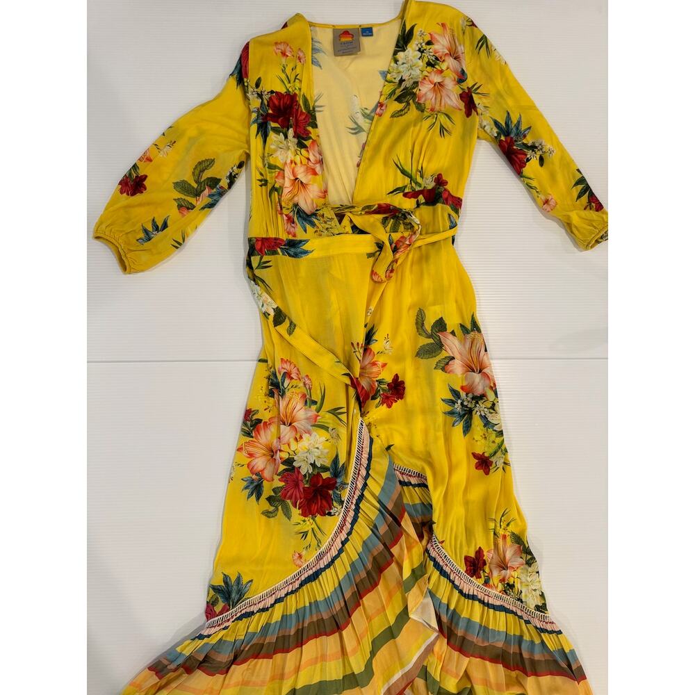 FARM Rio Anthropologie Marketplace Wrap Dress XS Yellow Floral Maxi Resort Boho - Picture 10 of 16